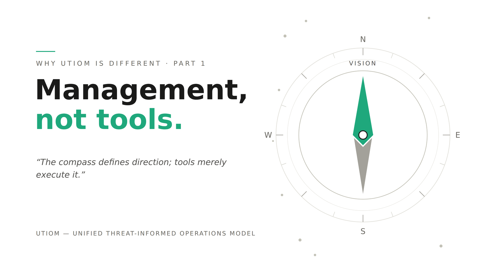 UTIOM editorial illustration: management and vision as the compass for security operations rather than tooling.